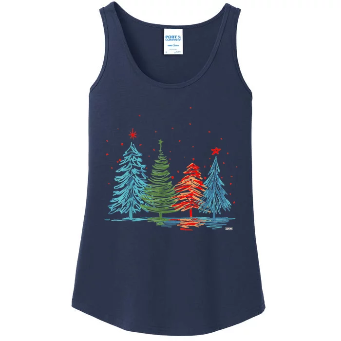 Vintage Xmas Hand Drawing Christmas Trees Gift Ladies Essential Tank