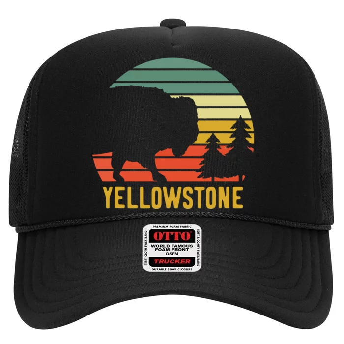 Vintage Yellowstone National Park Retro Travel Buffalo Bison High Crown Mesh Trucker Hat