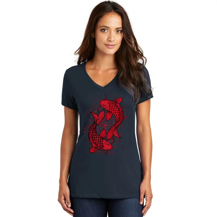 Vintage Ying Yang Asian Koi Fish Japaneses Women's V-Neck T-Shirt