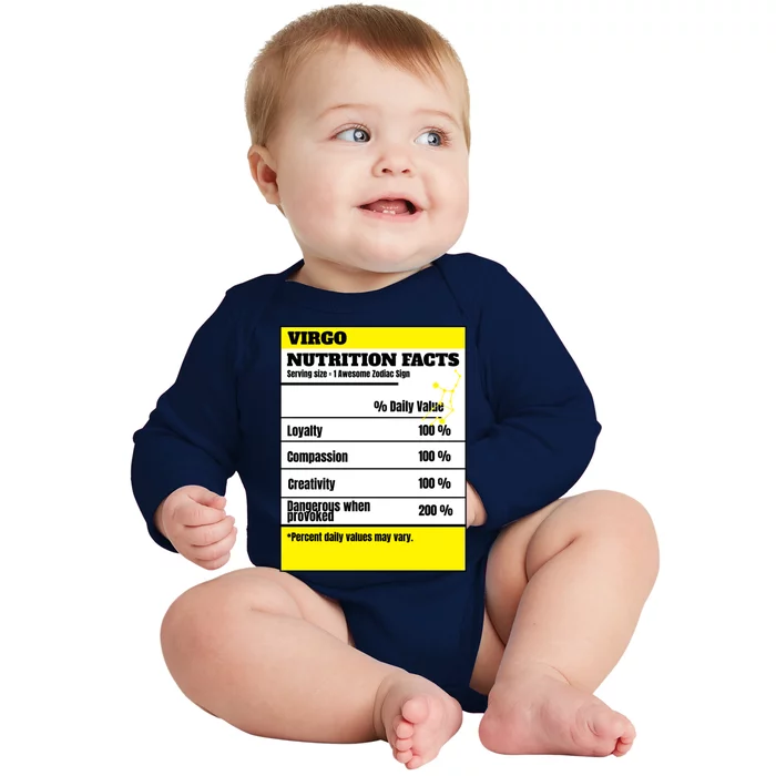 Virgo Zodiac Star Sign Funny Astrology Nutrition Facts Gift Baby Long Sleeve Bodysuit