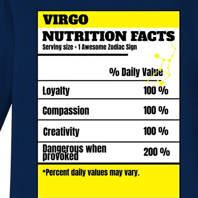 Virgo Zodiac Star Sign Funny Astrology Nutrition Facts Gift Baby Long Sleeve Bodysuit