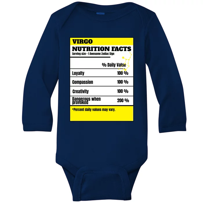 Virgo Zodiac Star Sign Funny Astrology Nutrition Facts Gift Baby Long Sleeve Bodysuit