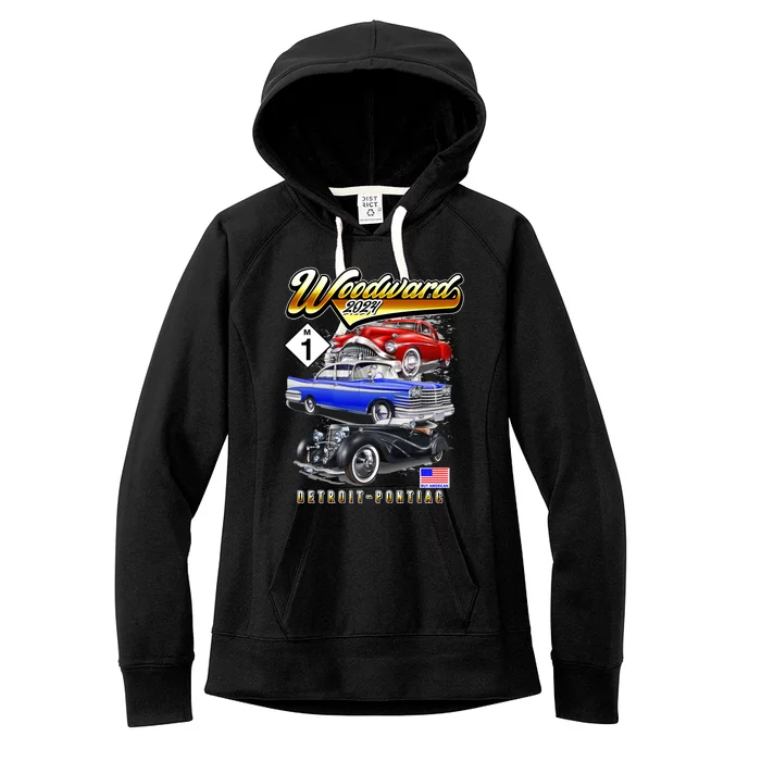 Woodward 2024 Classic Cruise Detroit To Pontiac Trio Of Cars Women's Fleece Hoodie