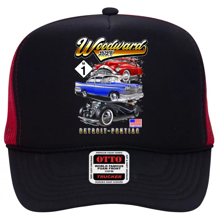 Woodward 2024 Classic Cruise Detroit To Pontiac Trio Of Cars High Crown Mesh Trucker Hat