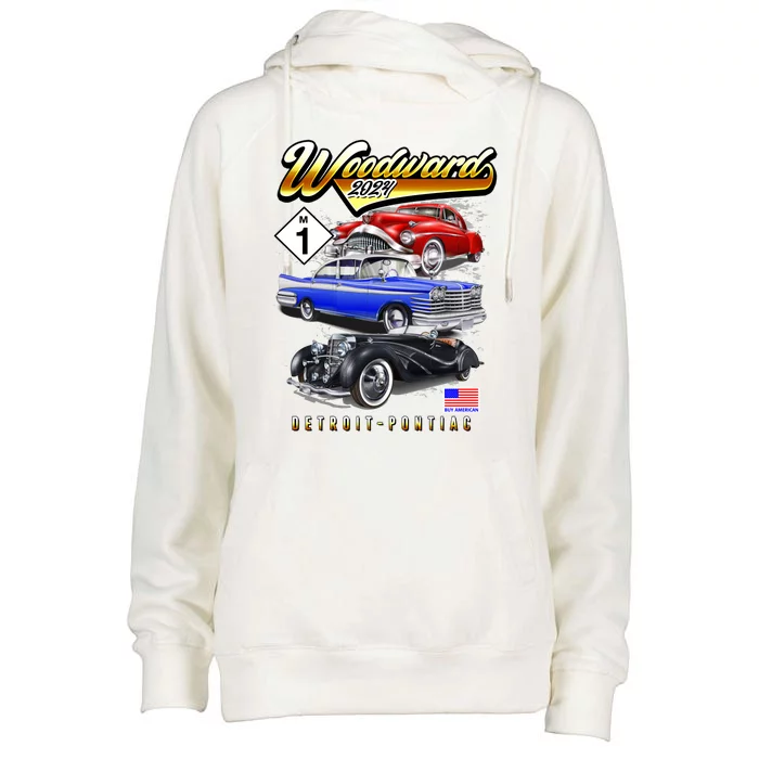 Woodward 2024 Classic Cruise Detroit To Pontiac Trio Of Cars Womens Funnel Neck Pullover Hood