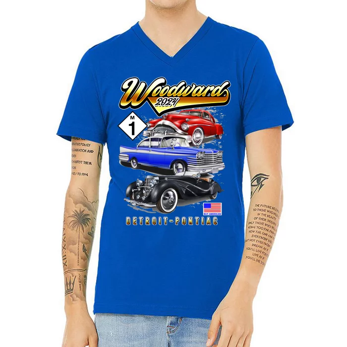 Woodward 2024 Classic Cruise Detroit To Pontiac Trio Of Cars V-Neck T-Shirt