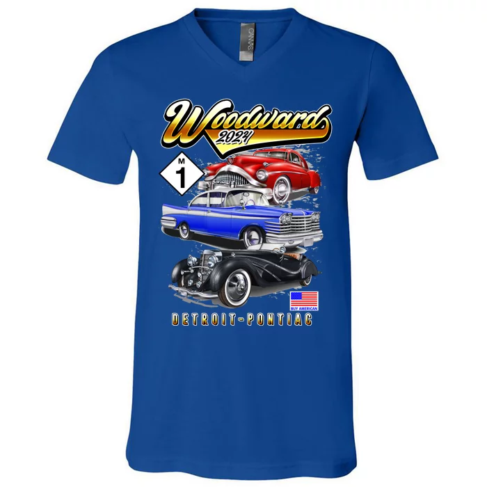 Woodward 2024 Classic Cruise Detroit To Pontiac Trio Of Cars V-Neck T-Shirt