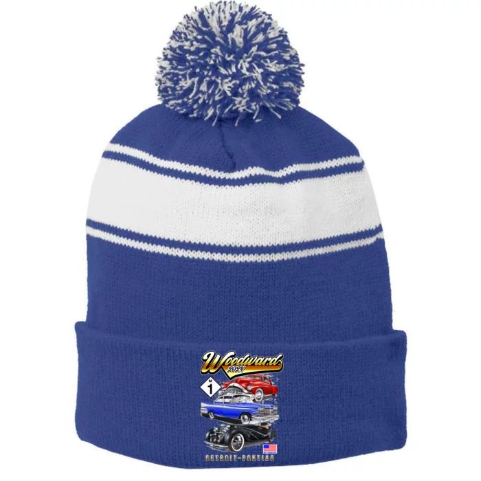 Woodward 2024 Classic Cruise Detroit To Pontiac Trio Of Cars Stripe Pom Pom Beanie