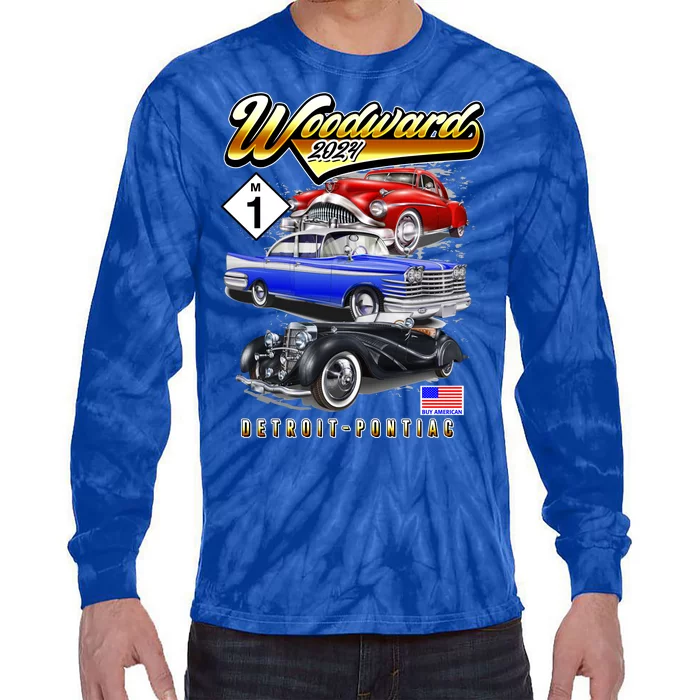 Woodward 2024 Classic Cruise Detroit To Pontiac Trio Of Cars Tie-Dye Long Sleeve Shirt