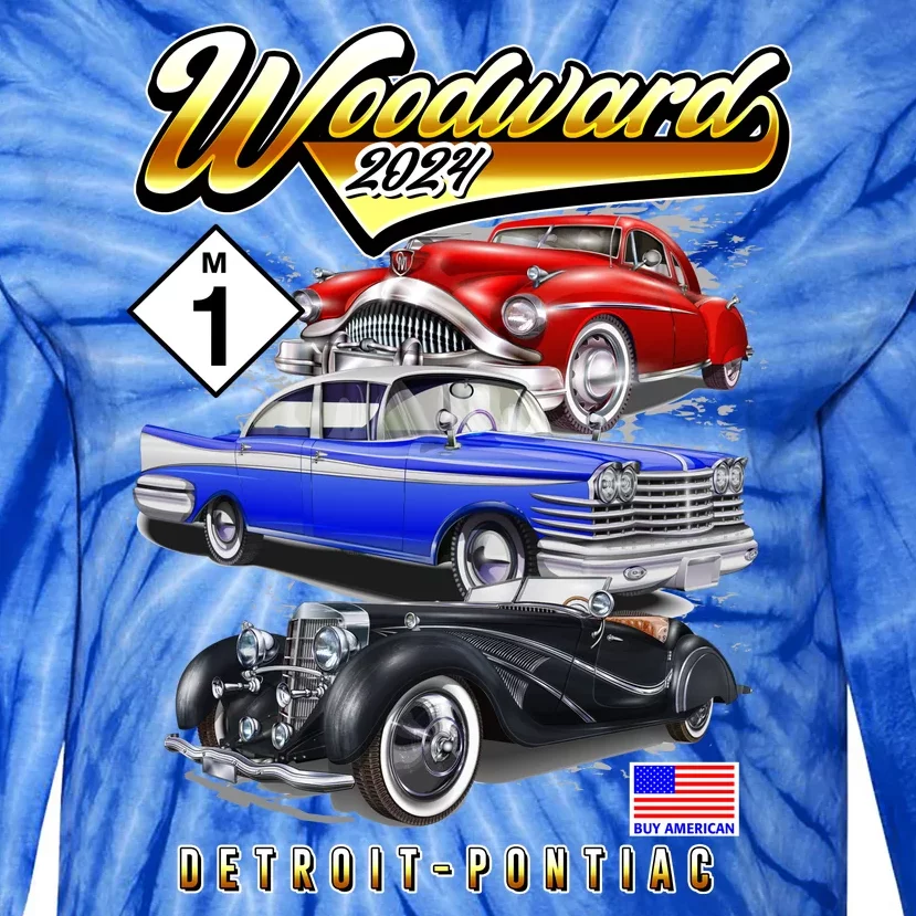 Woodward 2024 Classic Cruise Detroit To Pontiac Trio Of Cars Tie-Dye Long Sleeve Shirt