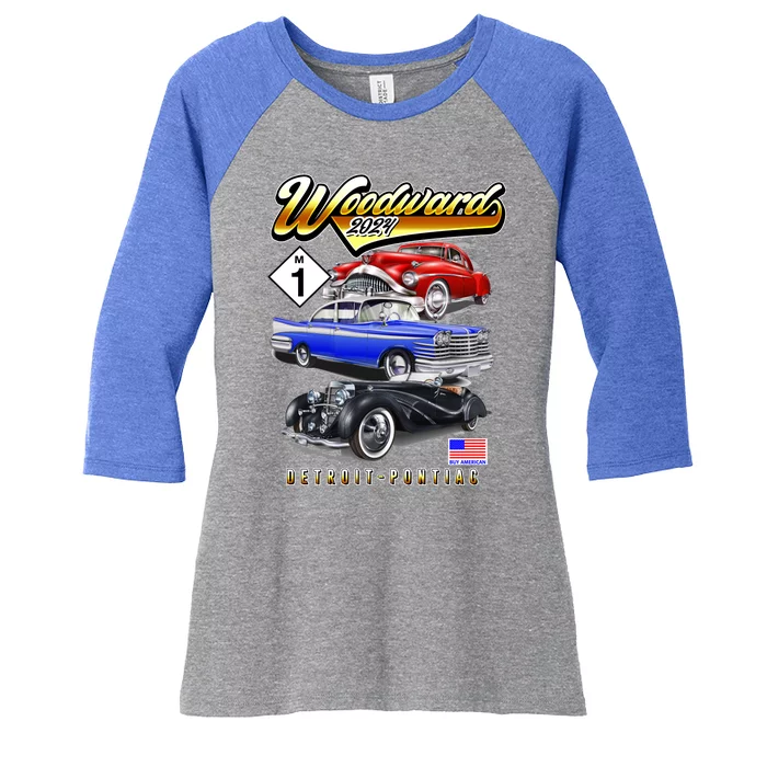 Woodward 2024 Classic Cruise Detroit To Pontiac Trio Of Cars Women's Tri-Blend 3/4-Sleeve Raglan Shirt