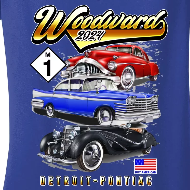 Woodward 2024 Classic Cruise Detroit To Pontiac Trio Of Cars Women's V-Neck T-Shirt