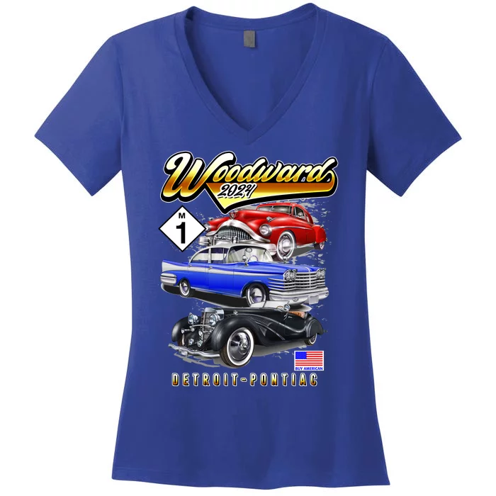 Woodward 2024 Classic Cruise Detroit To Pontiac Trio Of Cars Women's V-Neck T-Shirt