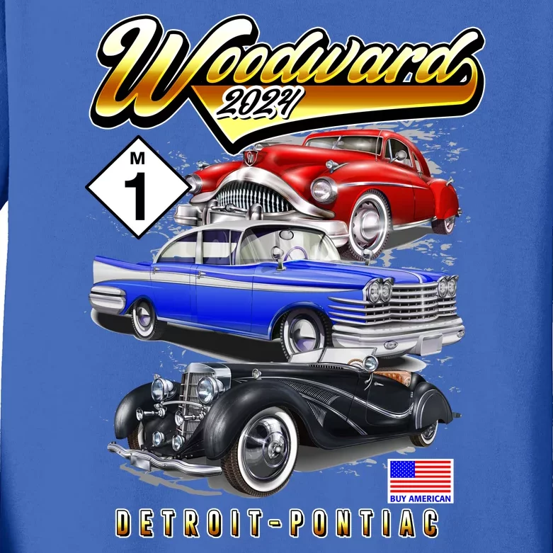 Woodward 2024 Classic Cruise Detroit To Pontiac Trio Of Cars Kids Long Sleeve Shirt