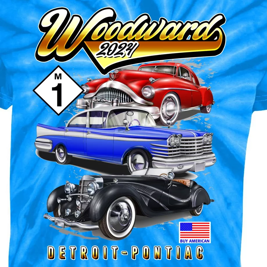 Woodward 2024 Classic Cruise Detroit To Pontiac Trio Of Cars Kids Tie-Dye T-Shirt