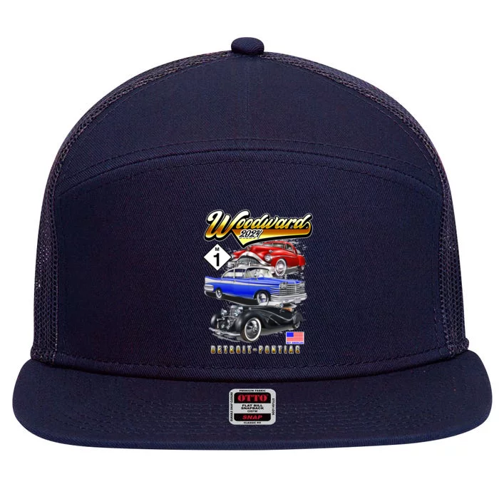 Woodward 2024 Classic Cruise Detroit To Pontiac Trio Of Cars 7 Panel Mesh Trucker Snapback Hat