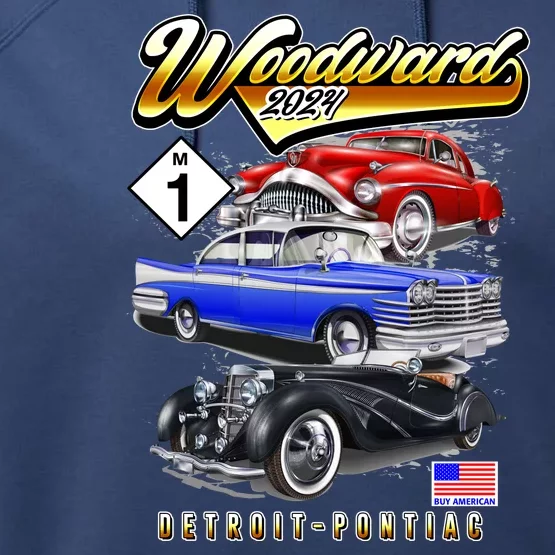 Woodward 2024 Classic Cruise Detroit To Pontiac Trio Of Cars Performance Fleece Hoodie