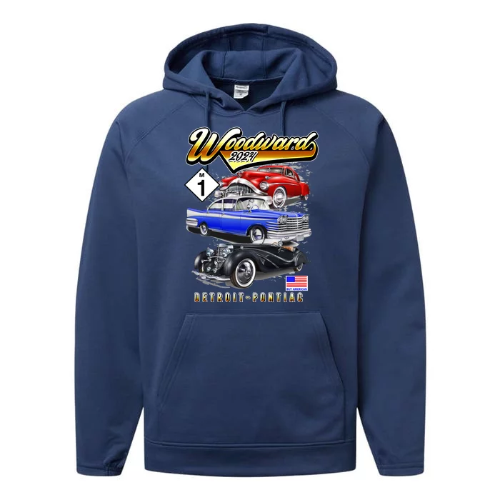 Woodward 2024 Classic Cruise Detroit To Pontiac Trio Of Cars Performance Fleece Hoodie