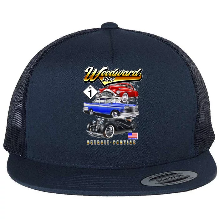 Woodward 2024 Classic Cruise Detroit To Pontiac Trio Of Cars Flat Bill Trucker Hat