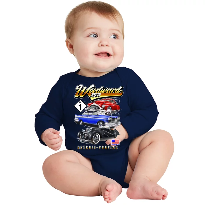 Woodward 2024 Classic Cruise Detroit To Pontiac Trio Of Cars Baby Long Sleeve Bodysuit