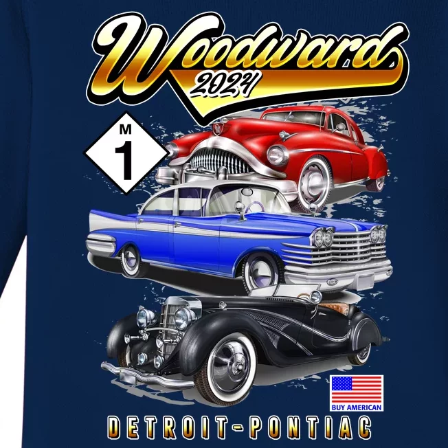 Woodward 2024 Classic Cruise Detroit To Pontiac Trio Of Cars Baby Long Sleeve Bodysuit