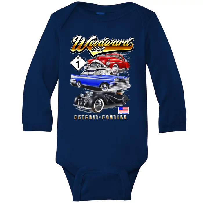 Woodward 2024 Classic Cruise Detroit To Pontiac Trio Of Cars Baby Long Sleeve Bodysuit