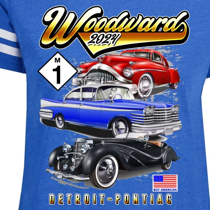 Woodward 2024 Classic Cruise Detroit To Pontiac Trio Of Cars Enza Ladies Jersey Football T-Shirt