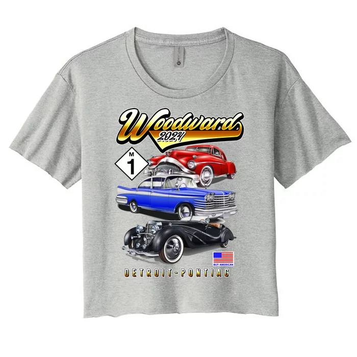 Woodward 2024 Classic Cruise Detroit To Pontiac Trio Of Cars Women's Crop Top Tee