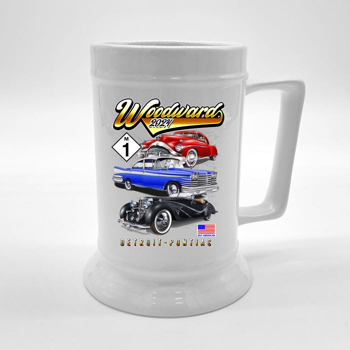 Woodward 2024 Classic Cruise Detroit To Pontiac Trio Of Cars Front & Back Beer Stein