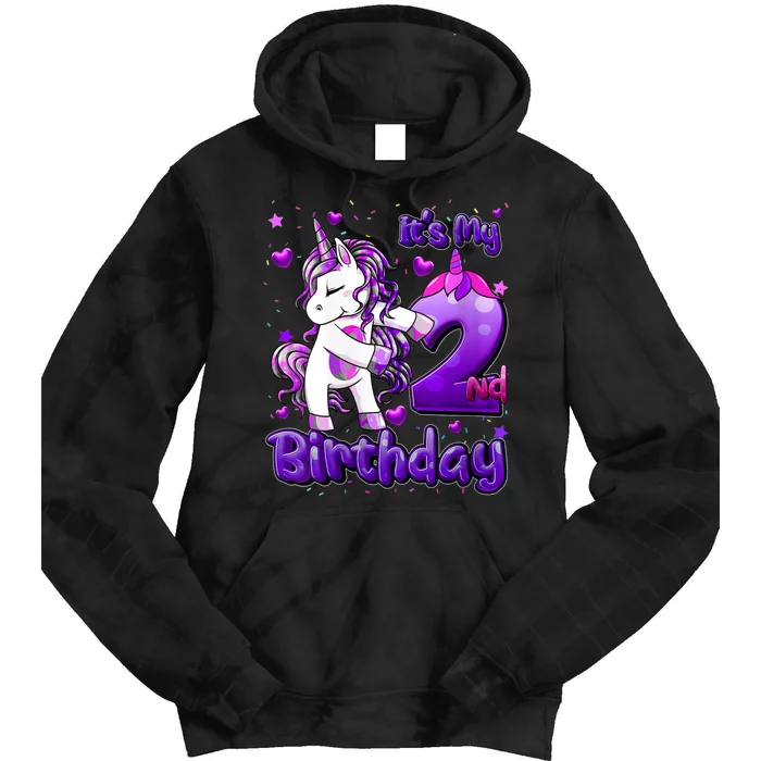 Womens 2 Years Old Unicorn Flossing 2nd Birthday Girl Unicorn Party Tie Dye Hoodie