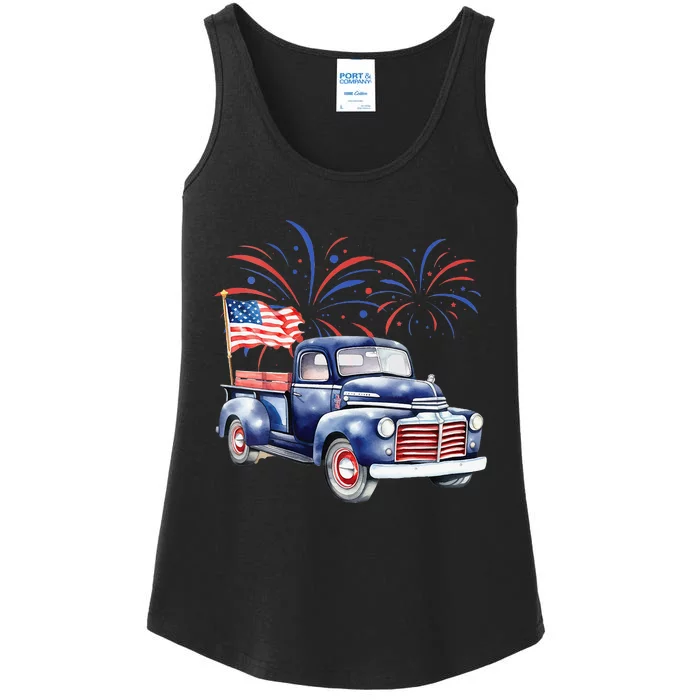 Womens 4th Of July Memorial Day Holiday Patriotic Vintage Truck Ladies Essential Tank