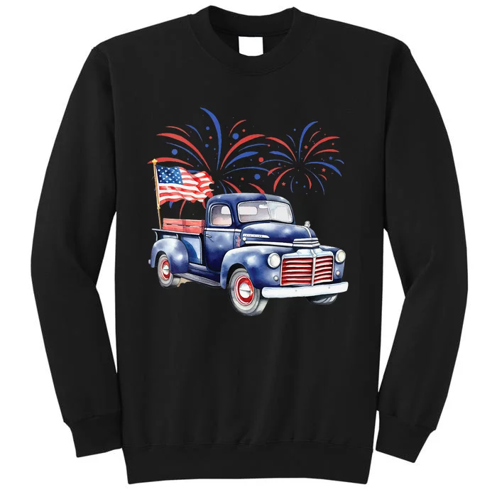 Womens 4th Of July Memorial Day Holiday Patriotic Vintage Truck Tall Sweatshirt