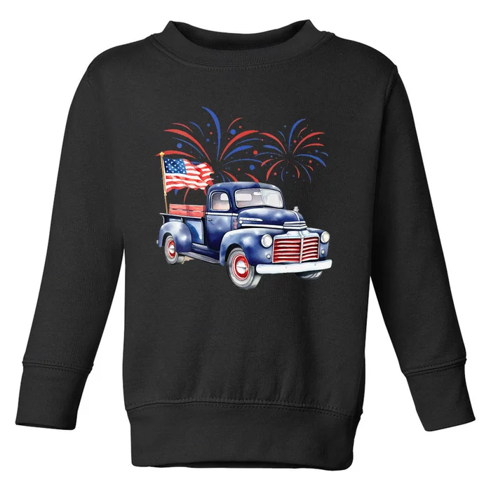 Womens 4th Of July Memorial Day Holiday Patriotic Vintage Truck Toddler Sweatshirt