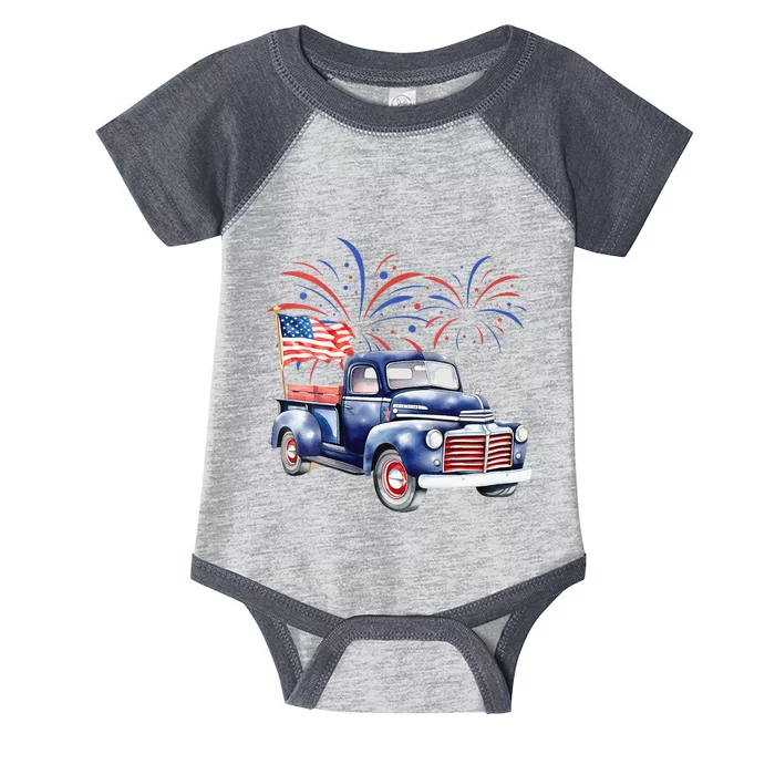 Womens 4th Of July Memorial Day Holiday Patriotic Vintage Truck Infant Baby Jersey Bodysuit