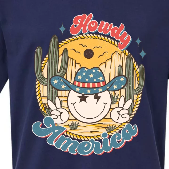 Western 4th Of July Howdy America Funny Smiley Face Sueded Cloud Jersey T-Shirt