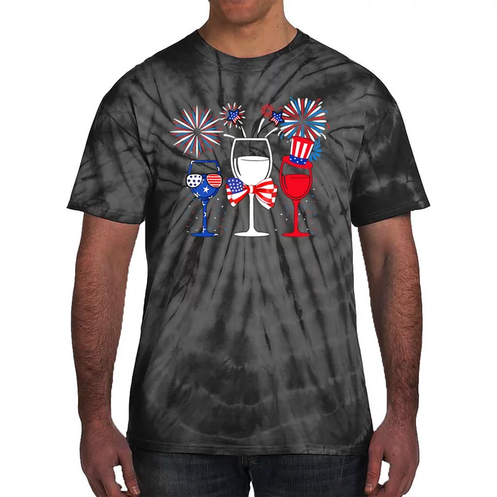 Wo 4th Of July Red White Blue Wine Glasses Fireworks Usa Tie-Dye T-Shirt