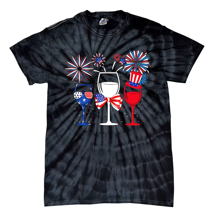 Wo 4th Of July Red White Blue Wine Glasses Fireworks Usa Tie-Dye T-Shirt