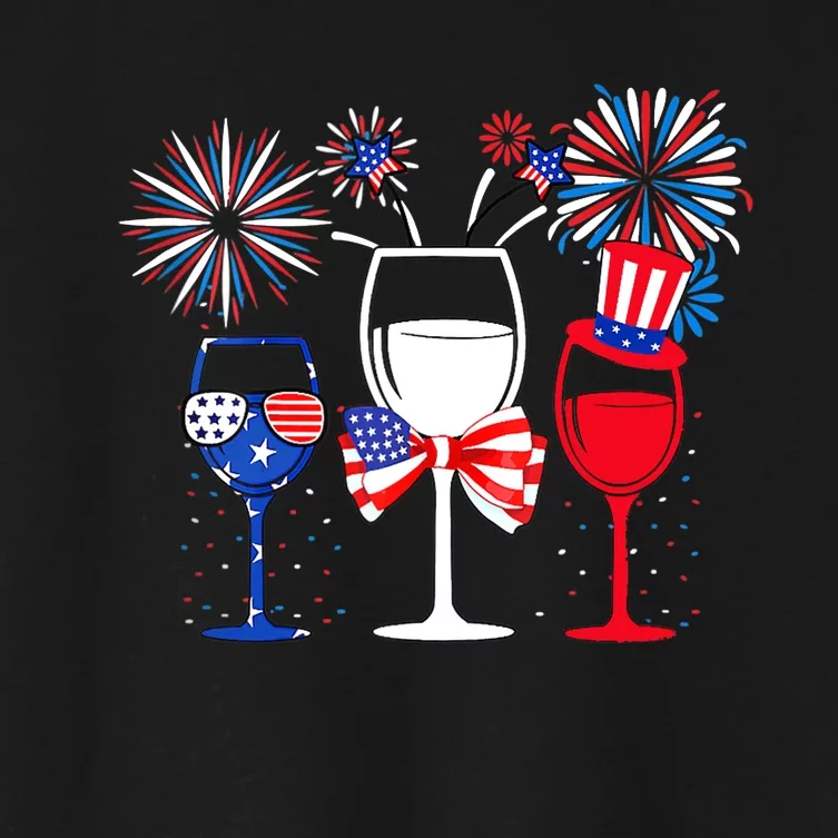 Wo 4th Of July Red White Blue Wine Glasses Fireworks Usa Women's Crop Top Tee