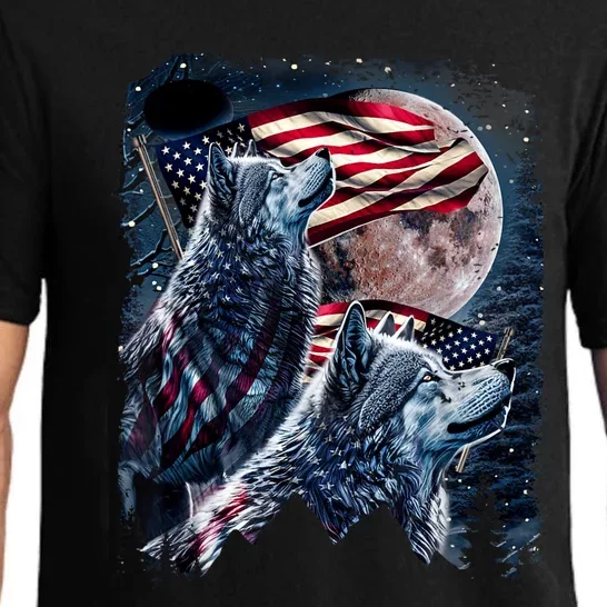 Wolf 4th Of July American Flag Howling Wolves Under Moon Pajama Set