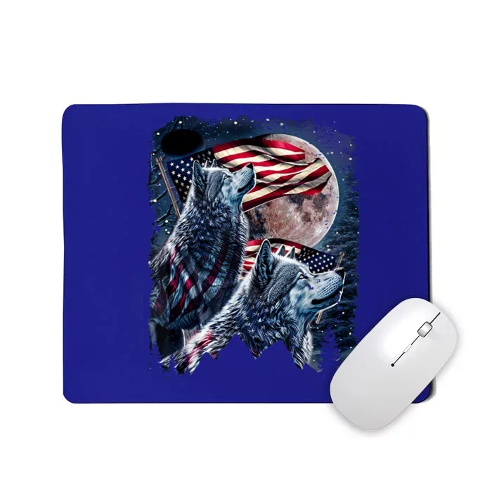 Wolf 4th Of July American Flag Howling Wolves Under Moon Mousepad