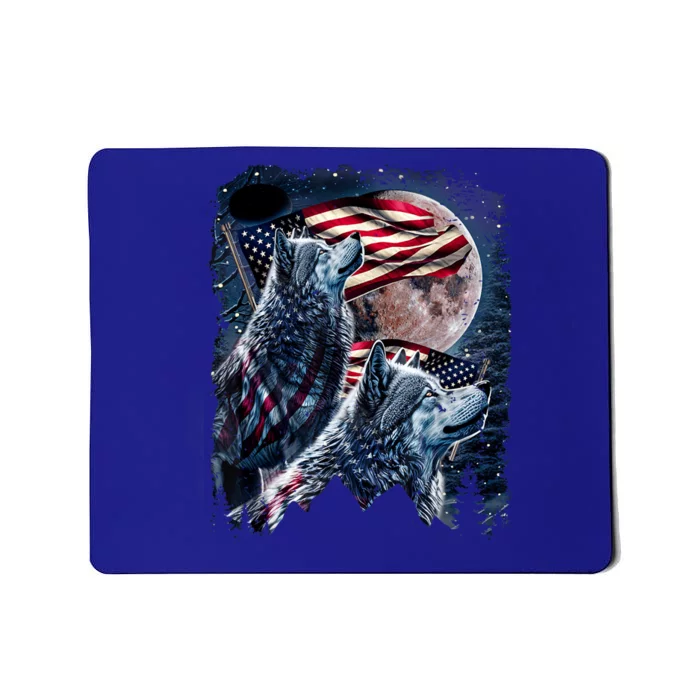 Wolf 4th Of July American Flag Howling Wolves Under Moon Mousepad