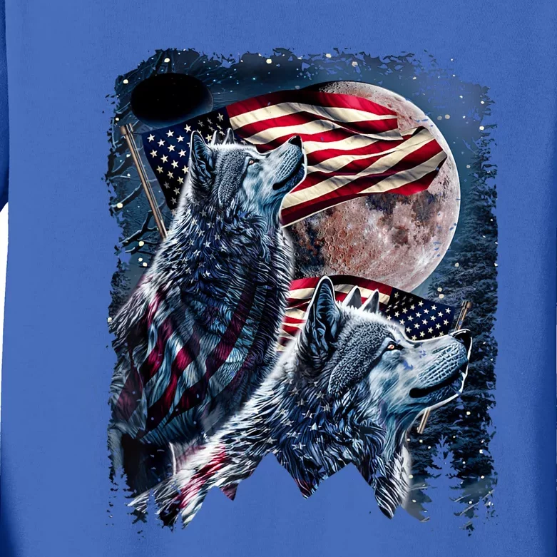 Wolf 4th Of July American Flag Howling Wolves Under Moon Kids Long Sleeve Shirt