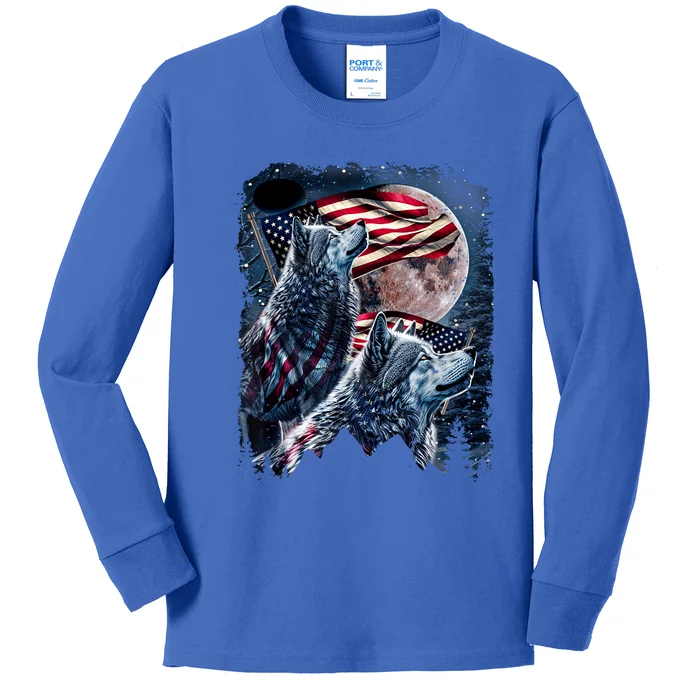 Wolf 4th Of July American Flag Howling Wolves Under Moon Kids Long Sleeve Shirt