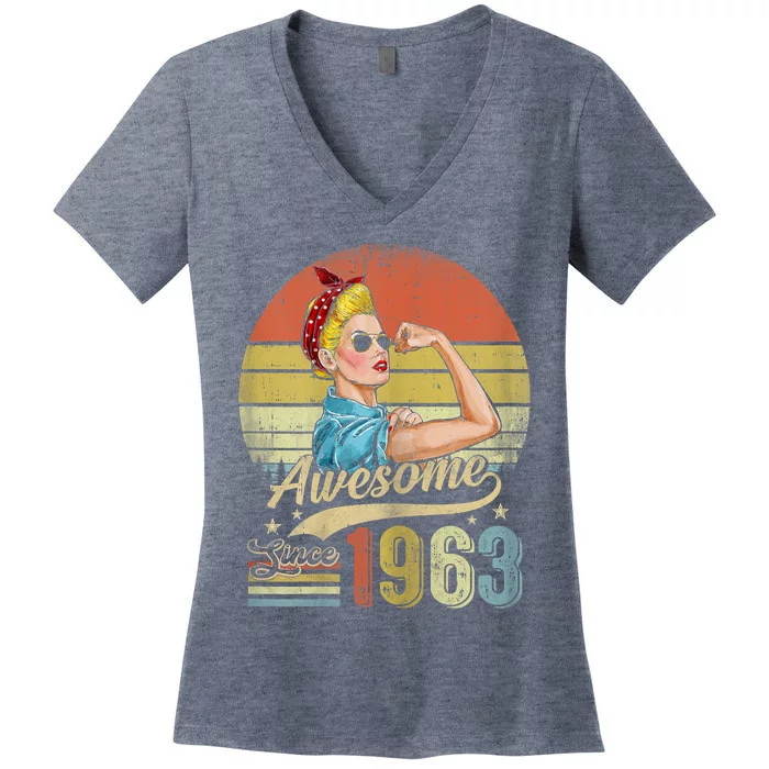 Womens 60 Year Old Awesome Since 1963 60th Birthday Gifts Women's V-Neck T-Shirt