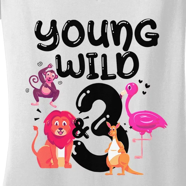 Wild And 3 3rd Birthday Safari Zoo Animal Jungle Cute Women's V-Neck T-Shirt