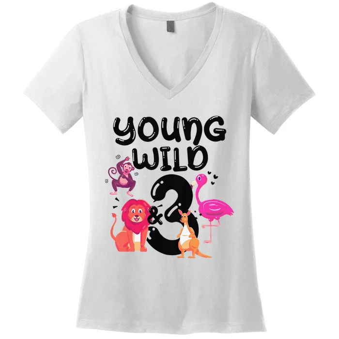 Wild And 3 3rd Birthday Safari Zoo Animal Jungle Cute Women's V-Neck T-Shirt