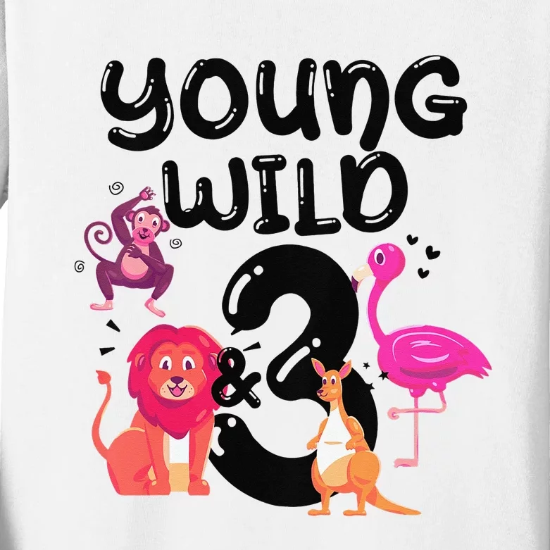 Wild And 3 3rd Birthday Safari Zoo Animal Jungle Cute Kids Long Sleeve Shirt