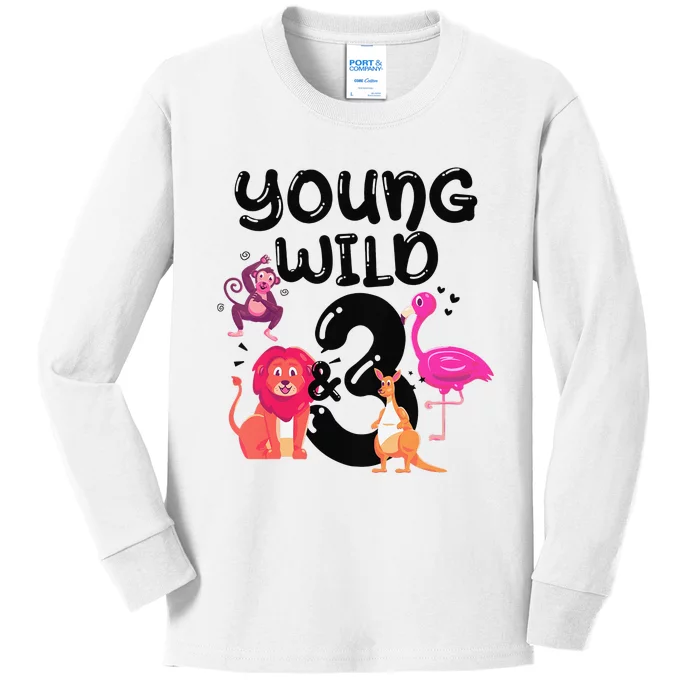 Wild And 3 3rd Birthday Safari Zoo Animal Jungle Cute Kids Long Sleeve Shirt