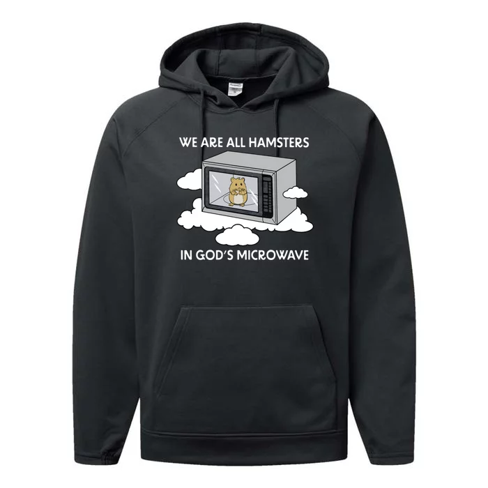 We Are All Hamsters In Gods Microwave Funny Performance Fleece Hoodie