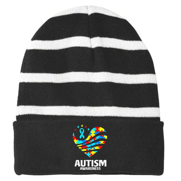 World Autism Awareness Puzzle Pieces Heart Autistic Striped Beanie with Solid Band